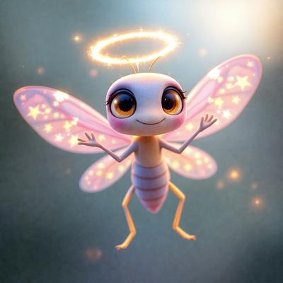 The primary subject of the image is a cartoon-like character, possibly a fairy or a dragonfly, with a pink body and wings. The character is holding its arms out, giving the impression of flying. The setting is a dark background, which contrasts with the brightly colored character. The visual style is a digital art or illustration, with a focus on the character's design and the overall composition of the image. The colors and mood are vibrant and lively, with the pink character standing